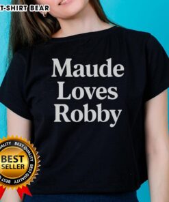 Happy Maude wearing a 'Loves Robby' ladies' tee, showcasing a cheerful design perfect for casual outings.
