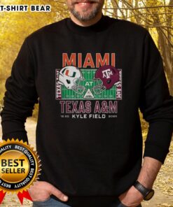 Alt Text: Happy Miami Hurricanes vs Texas A&M Aggies NCAA Kyle Field 2025 sweatshirt featuring vibrant team logos and colors.