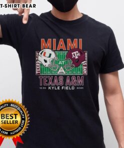 Happy fan wearing Miami Hurricanes vs Texas A&M Aggies NCAA helmet T-shirt at Kyle Field, 2025 game day excitement.