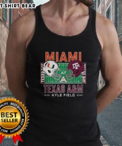 Happy Miami Hurricanes vs Texas A&M Aggies NCAA helmet tank top design for 2025 game at Kyle Field.