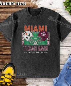 Alt Text: Happy Miami Hurricanes vs Texas A&M Aggies NCAA 2025 helmet washed t-shirt featuring team logos and vibrant colors.