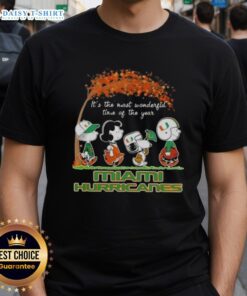 Alt Text: Happy Miami Hurricanes X Peanuts Snoopy and Friends autumn T-shirt celebrating the most wonderful time of the year.