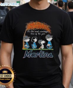 Happy Miami Marlins X Peanuts Snoopy and Friends autumn T-shirt featuring festive design for the most wonderful time of the year.