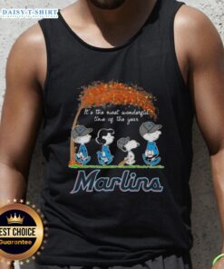Alt Text: Happy Miami Marlins X Peanuts Snoopy and Friends autumn tank top, celebrating the most wonderful time of the year.