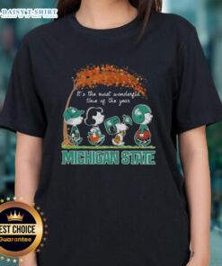 Happy Michigan State Spartans tee featuring Snoopy and friends, perfect for autumn and celebrating the season.