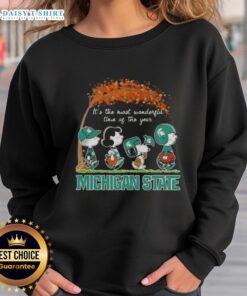Happy Michigan State Spartans sweatshirt featuring Snoopy and friends, perfect for autumn and celebrating the season.