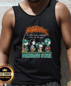 Alt Text: Happy Michigan State Spartans tank top featuring Snoopy and friends, perfect for autumn festivities and sports fans.