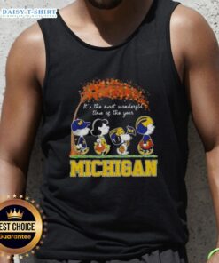 Happy Michigan Wolverines tank top featuring Snoopy and friends, celebrating autumn and the joy of the season.