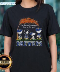 Happy Milwaukee Brewers X Peanuts Snoopy tee for autumn, celebrating 'It's The Most Wonderful Time Of The Year'.