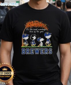 Alt Text: Happy Milwaukee Brewers X Peanuts Snoopy and Friends autumn t-shirt celebrating the most wonderful time of the year.