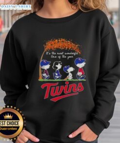 Alt Text: Happy Minnesota Twins X Peanuts Snoopy sweatshirt celebrating autumn, perfect for the most wonderful time of the year.