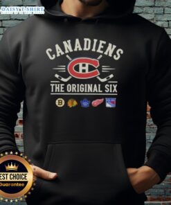 Alt Text: Happy Montreal Canadiens Original Six combined hoodie featuring team colors and logo, perfect for fans.