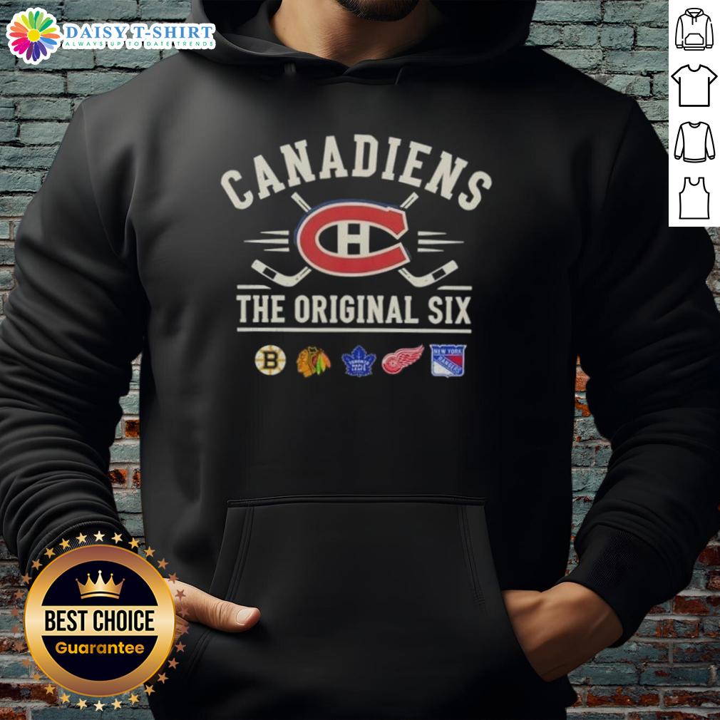Happy Montreal Canadiens The Original Six Combined Hoodie Alt Text: Happy Montreal Canadiens Original Six combined hoodie featuring team colors and logo, perfect for fans.