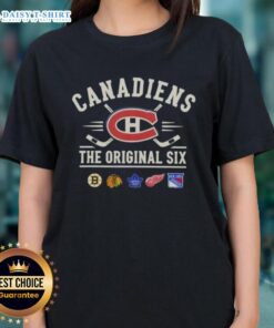 Alt Text: Happy Montreal Canadiens Original Six combined ladies tee featuring team colors and logo, perfect for female fans.
