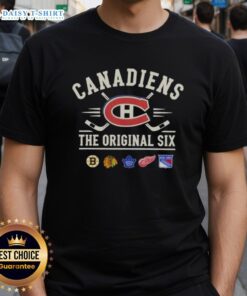 Happy Montreal Canadiens The Original Six Combined T-Shirt featuring team logos and vibrant colors for hockey fans.