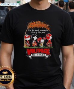 Alt Text: Happy NC State Wolfpack x Peanuts Snoopy and Friends autumn t-shirt celebrating 'It's The Most Wonderful Time of The Year'