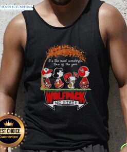Happy NC State Wolfpack tank top featuring Snoopy and friends, perfect for autumn celebrations and holiday cheer.