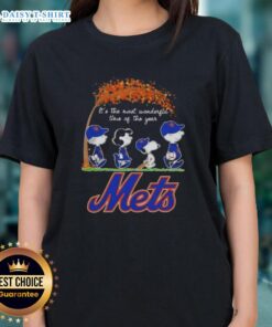 Alt Text: Happy New York Mets X Peanuts Snoopy and Friends autumn ladies tee celebrating the most wonderful time of the year.