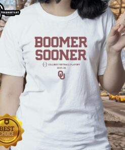 Happy fan wearing a Oklahoma Sooners football Boomer Sooner tee for the 2025-2026 CFP season.