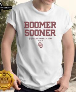 Happy Oklahoma Sooners Football Boomer Sooner 2025-2026 CFP T-Shirt featuring vibrant team colors and logo design.