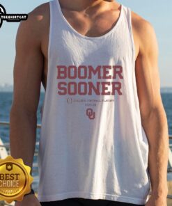 Happy fan wearing a Oklahoma Sooners football tank top, celebrating Boomer Sooner for the 2025-2026 CFP season.