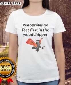 Happy Pedophiles Go Feet First in the Woodchipper Ladies Tee featuring a bold graphic design in vibrant colors.