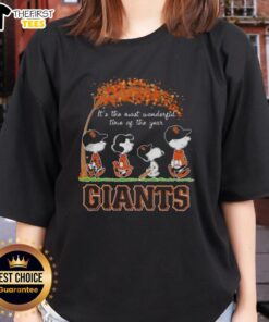 Alt Text: Happy San Francisco Giants X Peanuts Snoopy and Friends autumn ladies tee celebrating the season's joy.