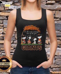 Happy San Francisco Giants tank top featuring Peanuts Snoopy and friends, perfect for autumn and the holiday season.