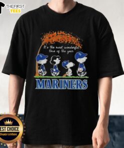 Alt Text: Happy Seattle Mariners X Peanuts Snoopy and Friends autumn T-shirt celebrating the most wonderful time of the year.