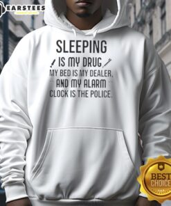 Alt Text: Cozy hoodie with 'Happy Sleeping is My Drug' design, perfect for sleep lovers and comfort seekers.
