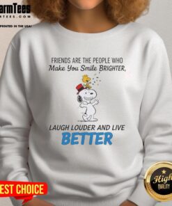 Alt Text: Happy Snoopy sweatshirt featuring friends, smiles, and laughter, perfect for brightening your day and living better.