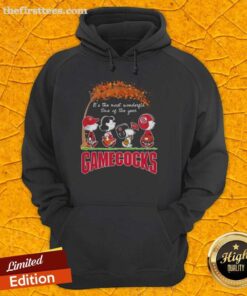 Happy South Carolina Gamecocks hoodie featuring Snoopy and friends, perfect for autumn celebrations and game day spirit.