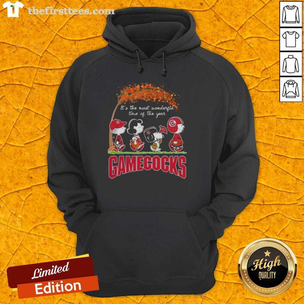 happy-south-carolina-gamecocks-x-peanuts-snoopy-and-friends-autumn-its-the-most-wonderful-time-hoodie Happy South Carolina Gamecocks hoodie featuring Snoopy and friends, perfect for autumn celebrations and game day spirit.