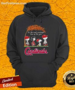 Happy St. Louis Cardinals hoodie featuring Snoopy and friends, perfect for autumn and celebrating the holiday season.