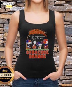 Happy Syracuse Orange tank top featuring Snoopy and friends, perfect for autumn celebrations and game days.