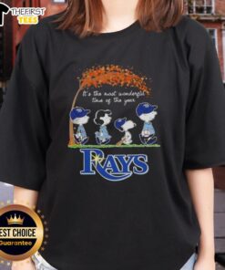 Happy Tampa Bay Rays X Peanuts Snoopy autumn ladies tee, celebrating the most wonderful time of the year.