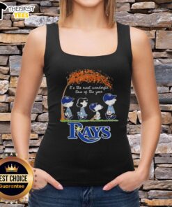 Alt Text: Happy Tampa Bay Rays X Peanuts Snoopy and Friends tank top celebrating autumn, perfect for the most wonderful time of the year.