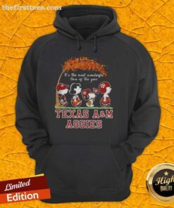 Happy Texas A&M Aggies hoodie featuring Snoopy and friends celebrating autumn and the holiday season.