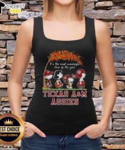 Happy Texas A&M Aggies tank top featuring Peanuts Snoopy and friends, celebrating autumn and the joy of the season.