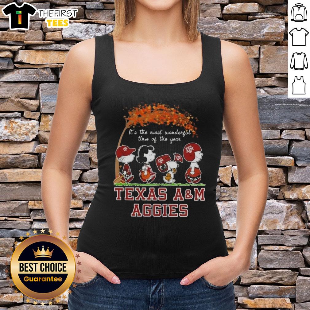 happy-texas-am-aggies-x-peanuts-snoopy-and-friends-autumn-its-the-most-wonderful-time-of-the-year-tank-top Happy Texas A&M Aggies tank top featuring Peanuts Snoopy and friends, celebrating autumn and the joy of the season.