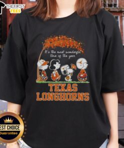 Happy Texas Longhorns X Peanuts Snoopy and Friends autumn ladies tee celebrating the most wonderful time of the year.
