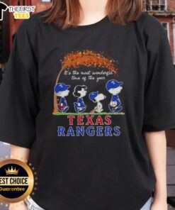 Happy Texas Rangers x Peanuts Snoopy and friends autumn ladies tee, celebrating the most wonderful time of the year.