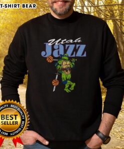 Happy TMNT Leonardo wearing a Utah Jazz sweatshirt, showcasing a fun blend of pop culture and sports fashion.