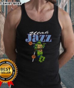 Alt Text: Happy TMNT Leonardo wearing Utah Jazz tank top, showcasing a fun blend of sports and pop culture fashion.
