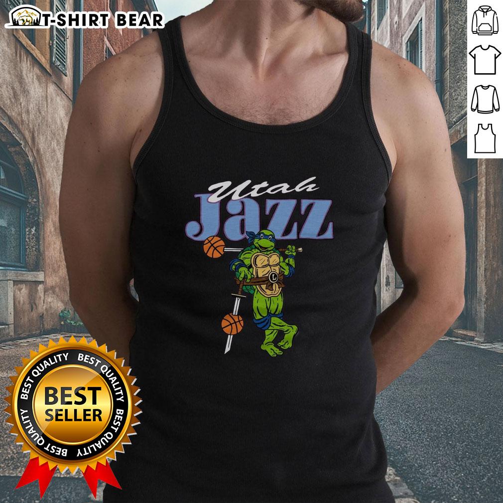 Happy Tmnt Leonardo X Utah Jazz Tank Top Alt Text: Happy TMNT Leonardo wearing Utah Jazz tank top, showcasing a fun blend of sports and pop culture fashion.