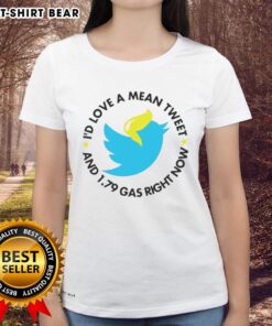 Happy Twitter ID graphic on a ladies tee, featuring a humorous mean tweet and gas prices at $1.79.