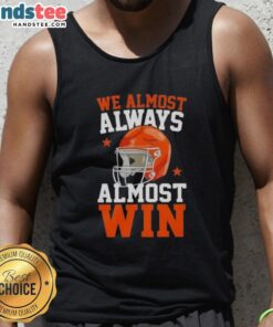 Funny football fan tank top featuring 'Happy We Almost Always Win' slogan, perfect for game day and sports enthusiasts.