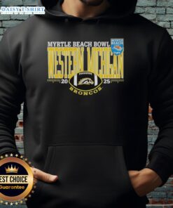 Happy Western Michigan Broncos Myrtle Beach Bowl 2025 hoodie featuring team colors and logo, perfect for fans.