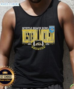 Happy Western Michigan Broncos Myrtle Beach Bowl 2025 tank top featuring team colors and logo, perfect for fans.