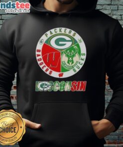 Alt Text: Happy Wisconsin City sports hoodie featuring Green Bay Packers, Milwaukee Bucks, and Wisconsin Badgers logos.